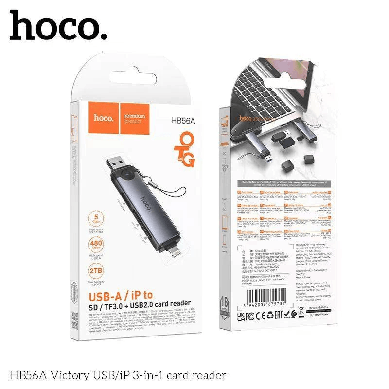 การ์ดรีดเดอร์ 3IN1 HOCO HB56A USB + IOS LIGHTNING อ่าน SD CARD, MICRO SD CARD, USB FLASH DRIVE รองรับ OTG ความเร็วสูง 5GBPS